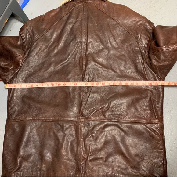 Aquascutum London Vintage Brown Leather Coat Sz 44 XL Oversize Aviator Collar - Picture 12 of 16